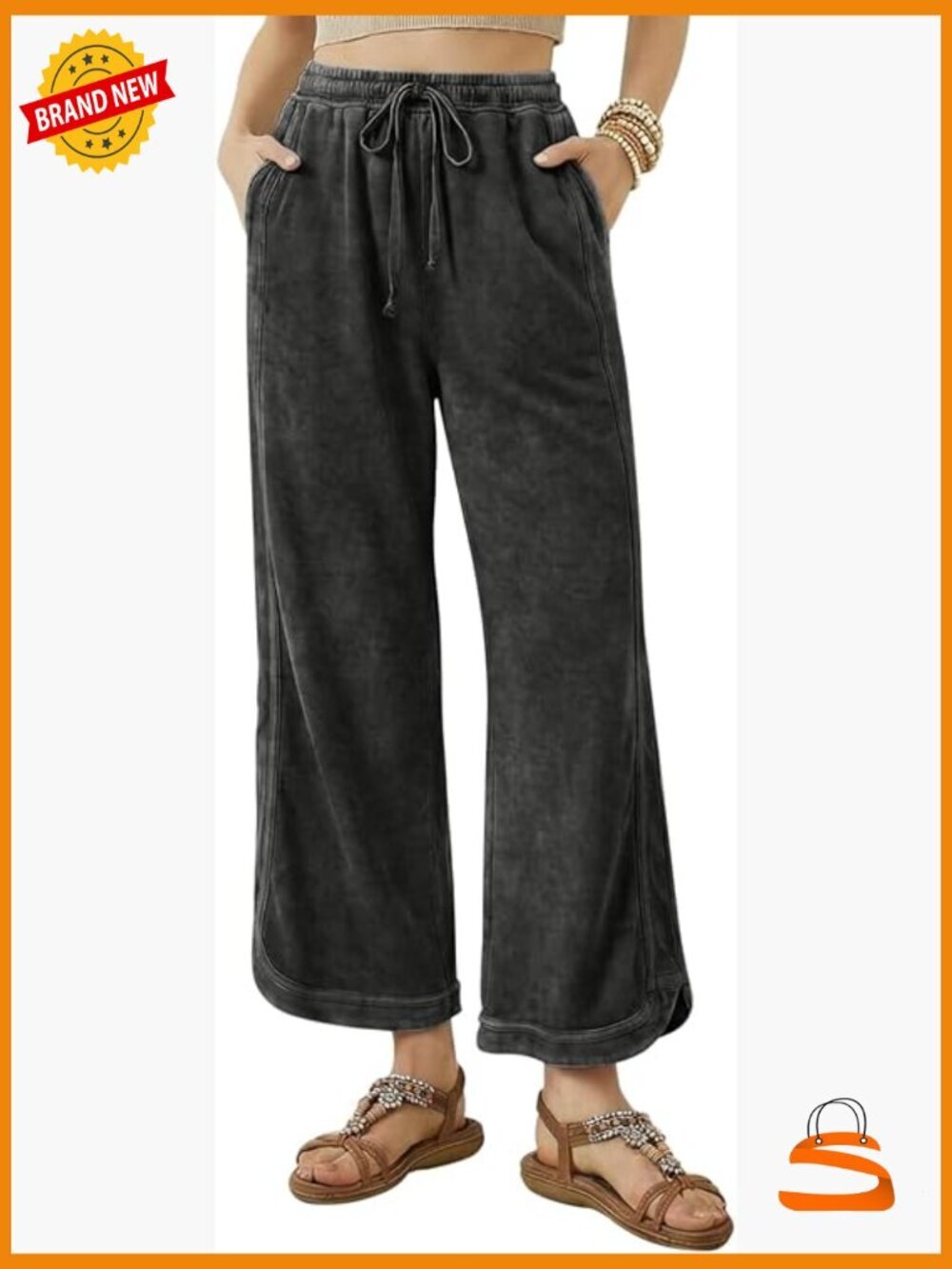 Wide Leg Cotton Pants Loose Drawstring Palazzo Lounge Trousers Pockets